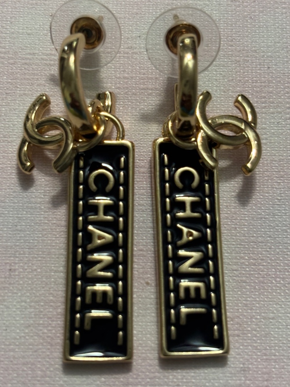 CHANEL Black and Gold Enamel Logo Bar Dangle Earrings